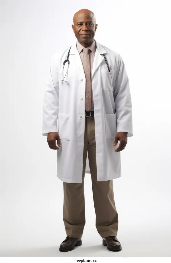 Black male doctor wearing white lab coat and stethoscope