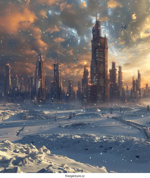Futuristic Cityscape in a Snowy Landscape