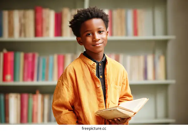 African American Boy in a Library Holding a Book