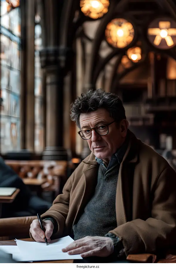 Mature Man with Glasses Wearing a Brown Coat  Writing in a Restaurant