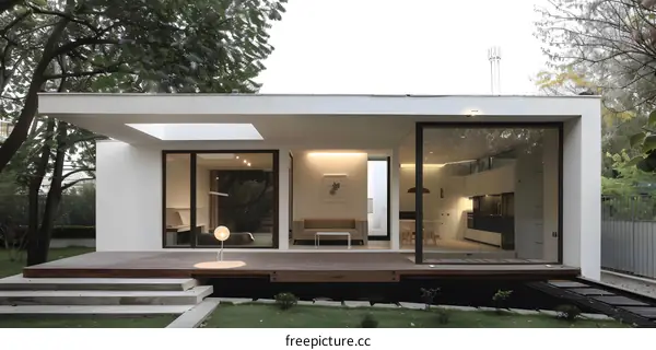 Modern White House with a Wooden Deck and Glass Windows