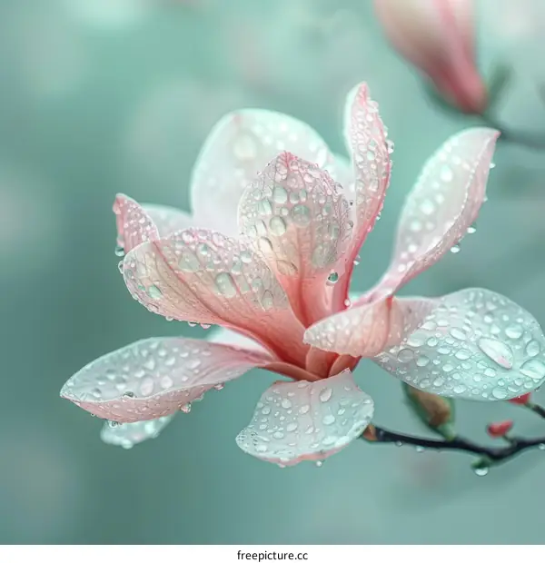 Close-up of a beautiful magnolia flower with dew drops on its petals