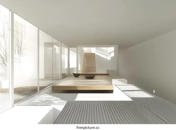 Minimalist Interior Design with Wooden Stairs and Sunlight