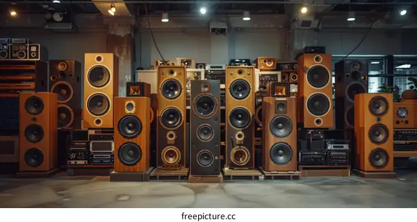 A collection of vintage audio speakers in a room