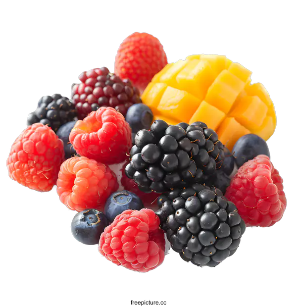 [Transparent Background PNG]Fresh Raspberries Mango Blackberries and Blueberries