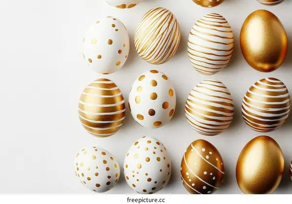 Golden Decorated Easter Eggs on White Background