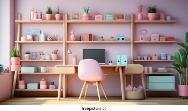 A pink and blue home office with a lot of plants and shelves