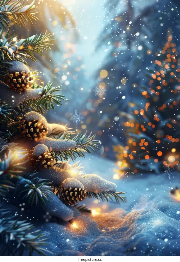 Christmas Tree Branches Covered in Snow with Golden Pine Cones