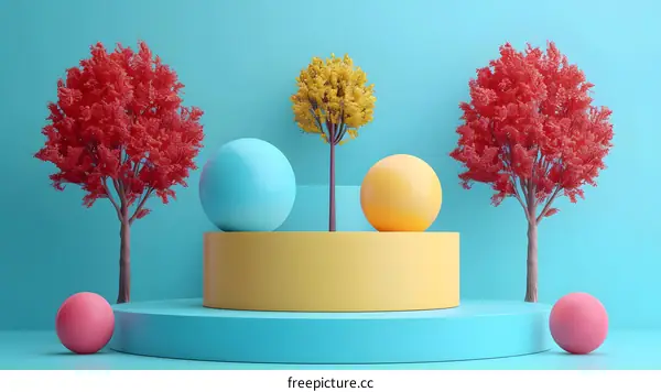 Abstract Colorful 3D Render Of Minimalistic Scene With Trees And Spheres