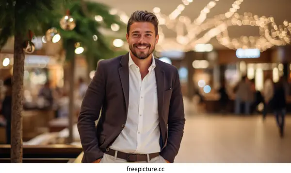 Handsome young man in a suit standing in a shopping mall