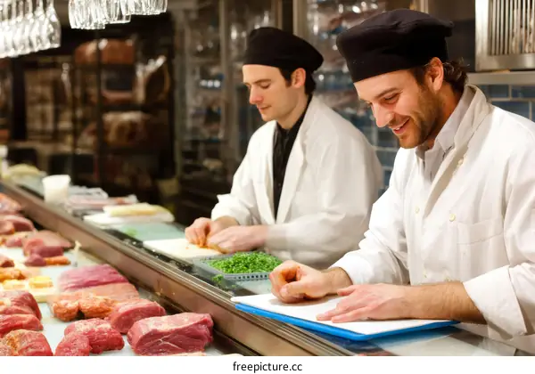Two Caucasian Chefs Preparing Food at a Butcher Shop