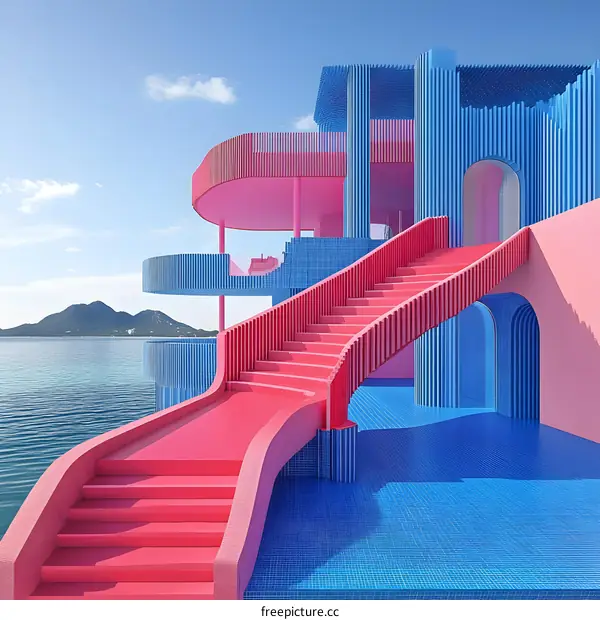 Modern Pink and Blue Building with Stairs and Slide by the Sea