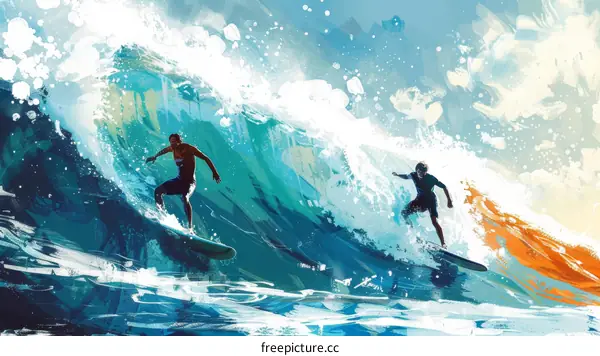 Two surfers ride a big wave