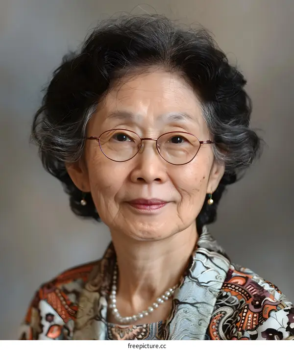 Portrait of a smiling elderly Asian woman with glasses and a pearl necklace