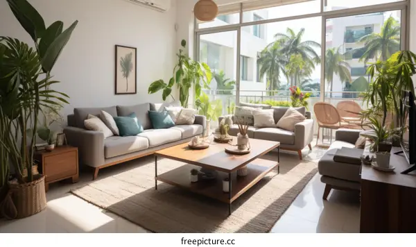 Bright living room with large windows and plants