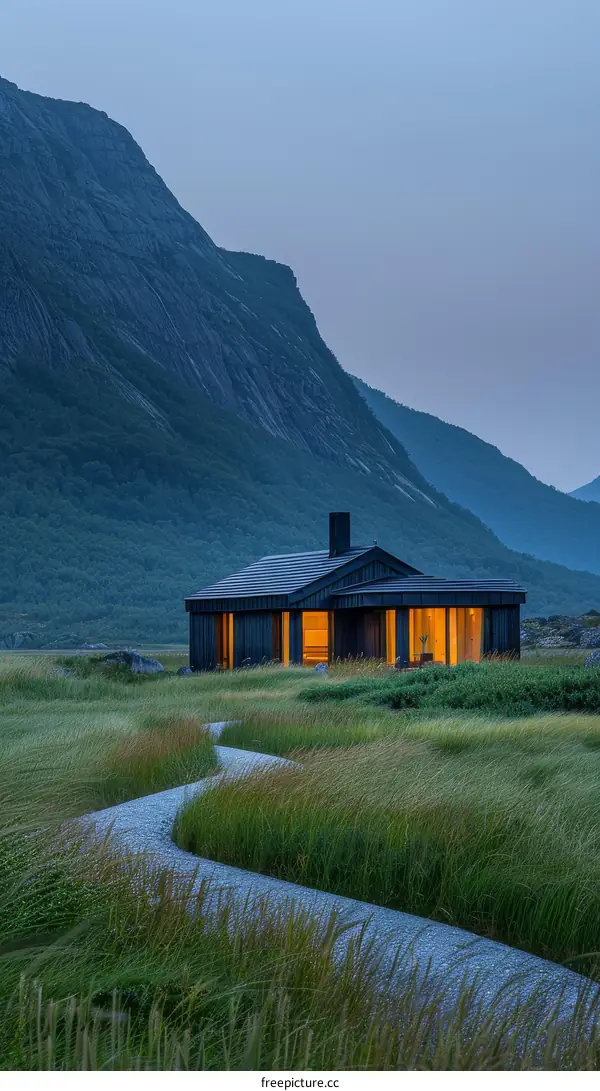 Small wooden house in a green grassy field with a large mountain in the background