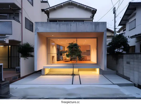 Modern Concrete House Entrance With Glass Doors And Patio