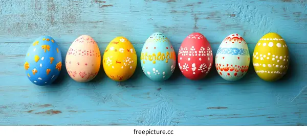 Colorful Easter Eggs on Wooden Background