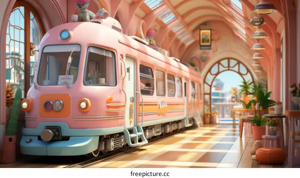 A pink and blue train rests at a station painted the same pastel hues