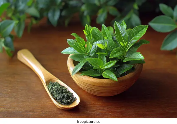 Fresh Green Tea Leaves and Dried Tea