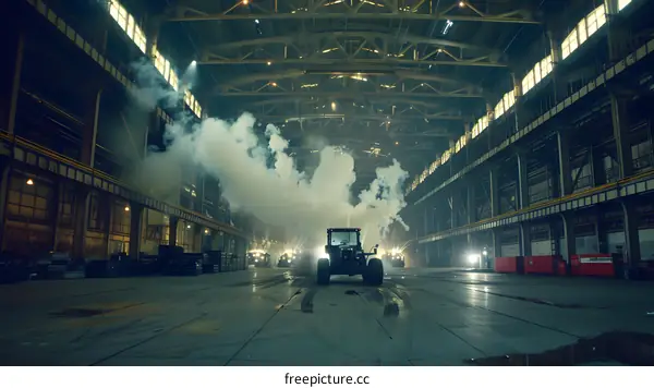Industrial Factory with Smoke and Tractor