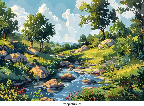 Small river flowing through a green valley