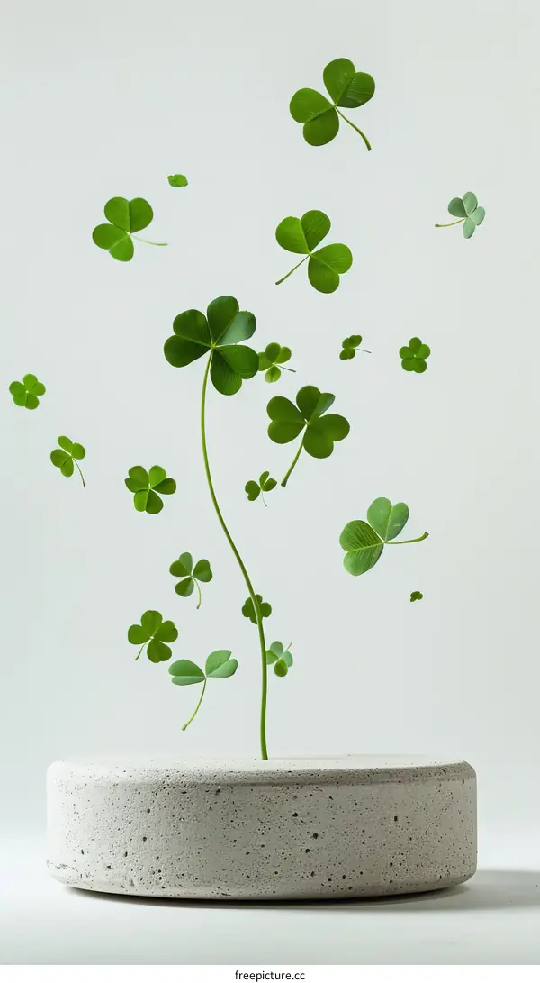 Green four-leaf clovers rise from a stone pedestal against a white background.