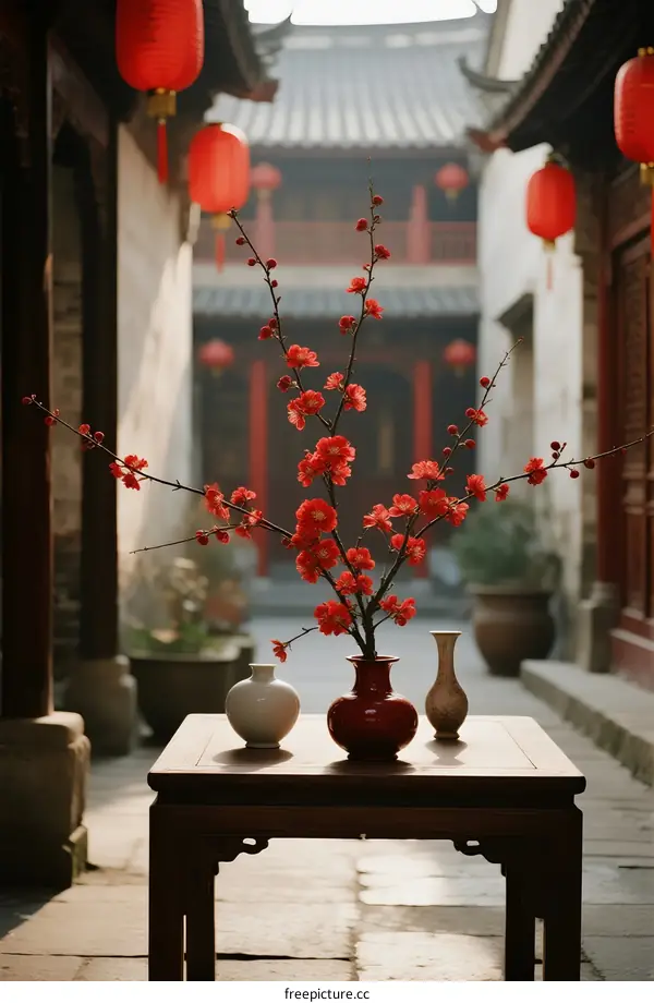 Red Plum Blossoms in Traditional Chinese Courtyard