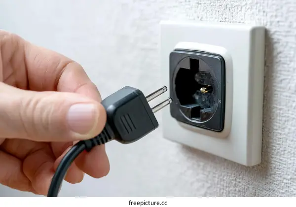Hand inserting European plug into wall socket