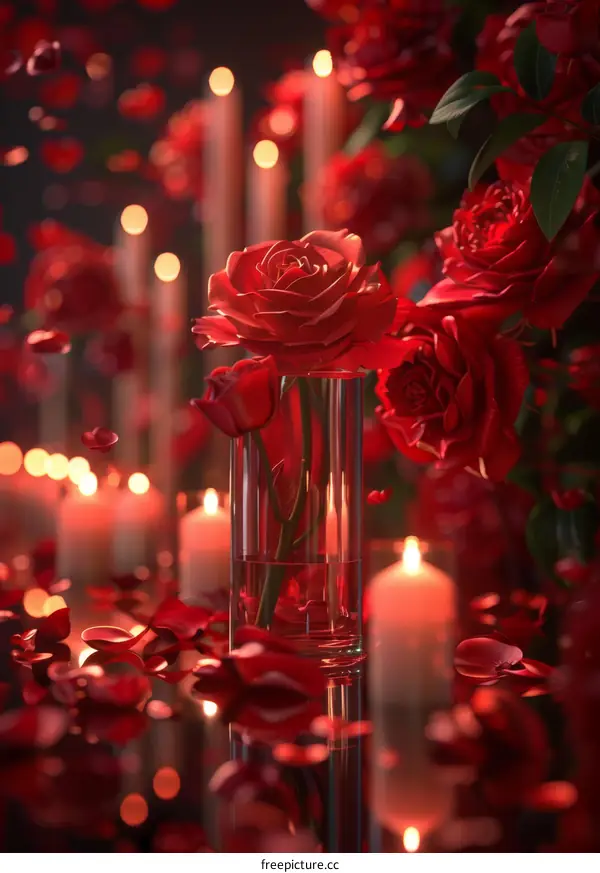Romantic Red Rose in Glass Vase with Candles
