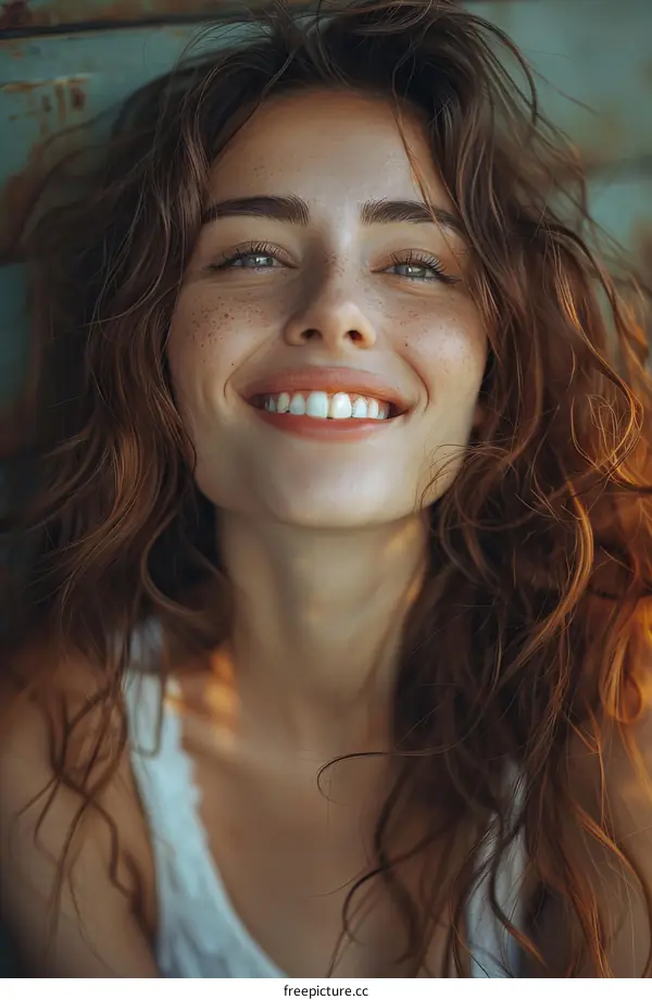 portrait of a smiling woman with freckles and curly hair