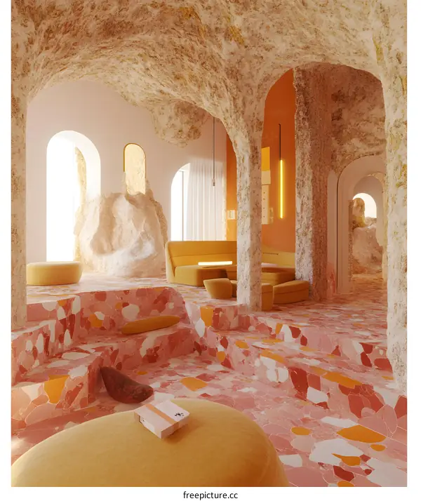 Modern Interior Design with Cave-Like Ceiling and Yellow Furniture