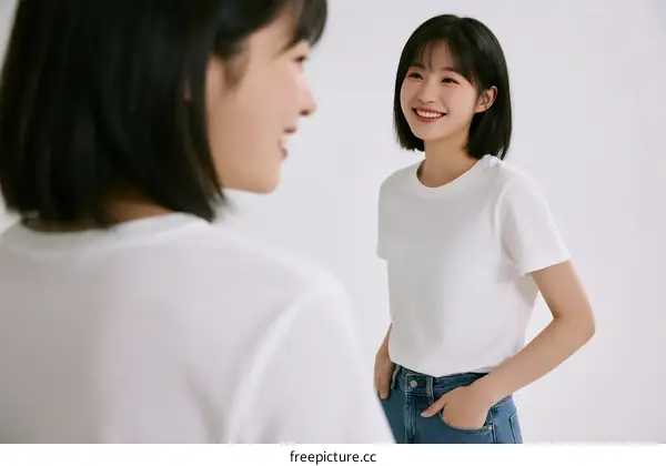 Two young women in casual white tops having a conversation
