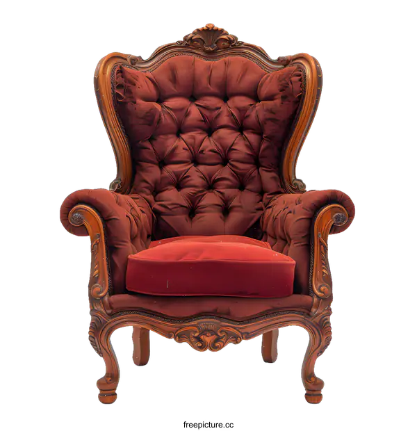 [Transparent Background PNG]Vintage Red Velvet Armchair with Carved Wood Frame