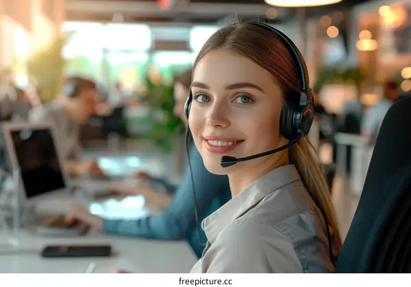 portrait of a beautiful smiling young woman wearing a headset
