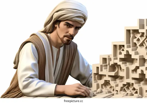 An illustration of a man in a turban wearing Middle Eastern clothing