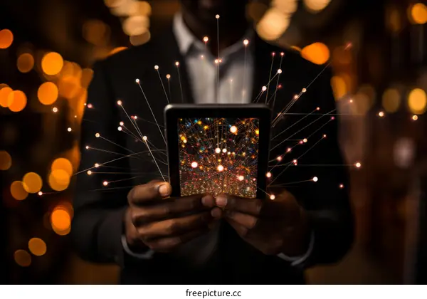 Black man holding a tablet with a glowing network of connections representing the internet