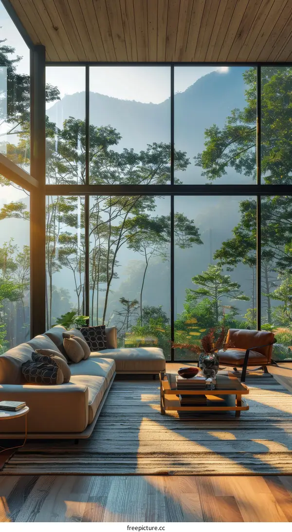 Modern living room interior with large windows and forest view