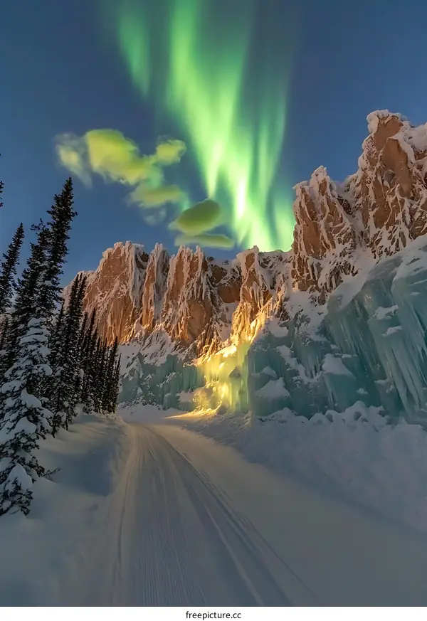 Northern Lights Shining Over a Snowy Mountain Pass
