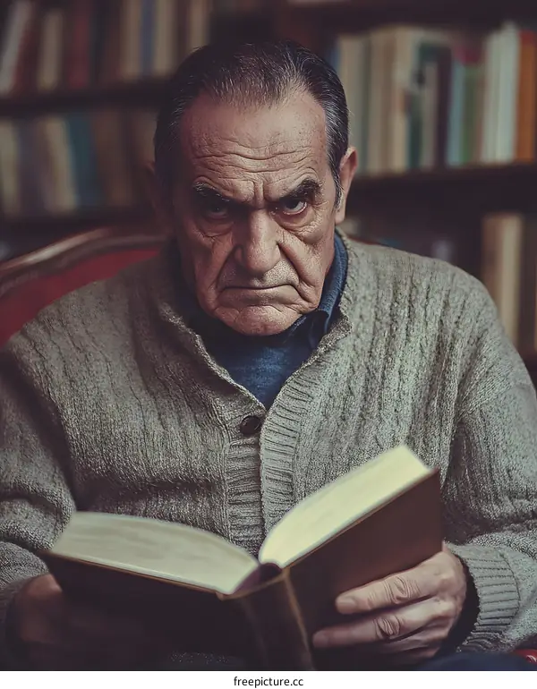 Close Up Portrait of Senior Man Reading Book in Library