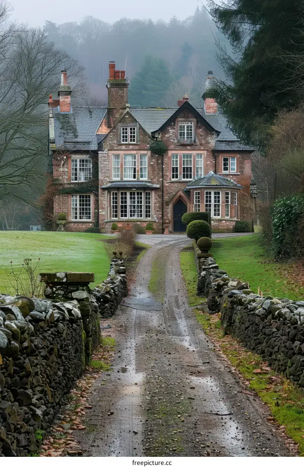 A large stone house with a long driveway and a large front yard