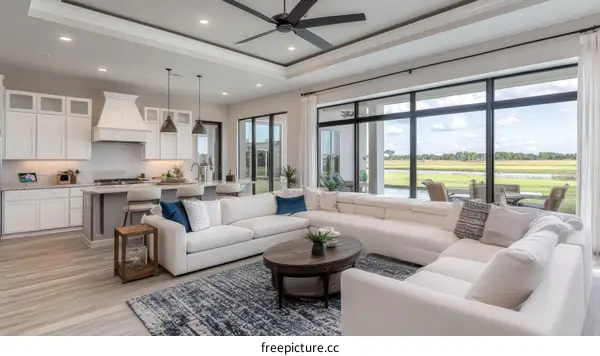 Modern Open-Plan Living Room with Kitchen View