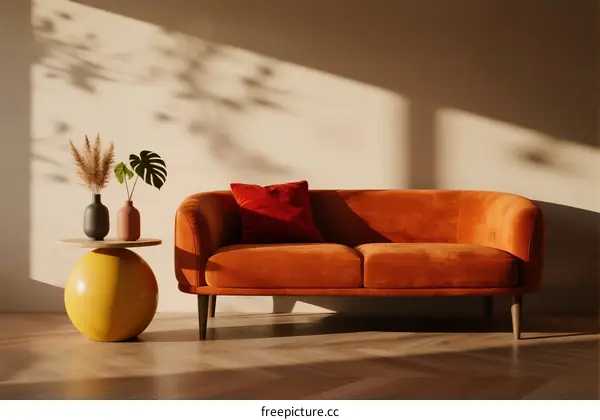 Cozy living room with orange sofa and decorative items