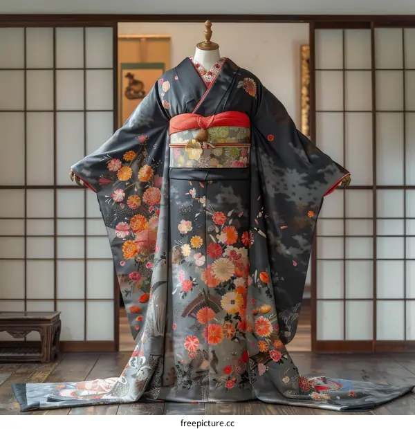 A kimono with a pattern of autumn flowers and a folding screen