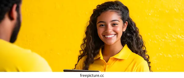 Smiling Woman in Yellow Shirt Looking at the Camera with a Tablet in Hand