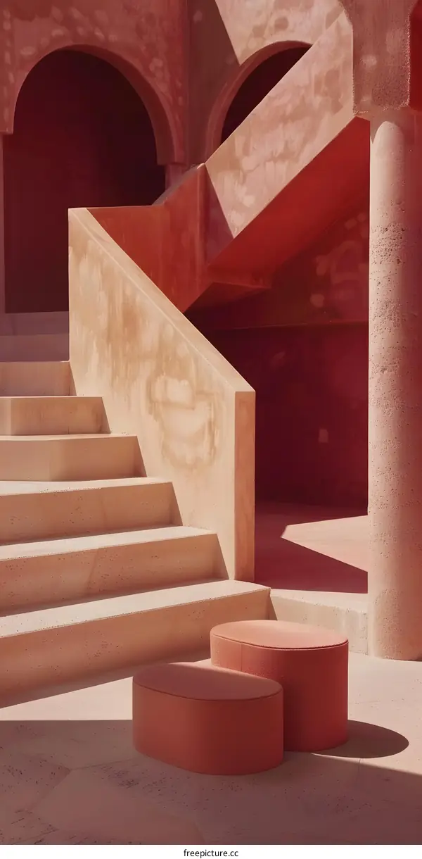 Pink Concrete Staircase and Pillars in a Modern Building