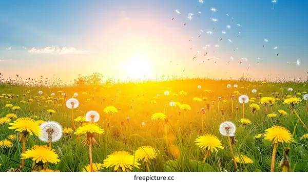 Field of yellow dandelions with the sun rising in the background
