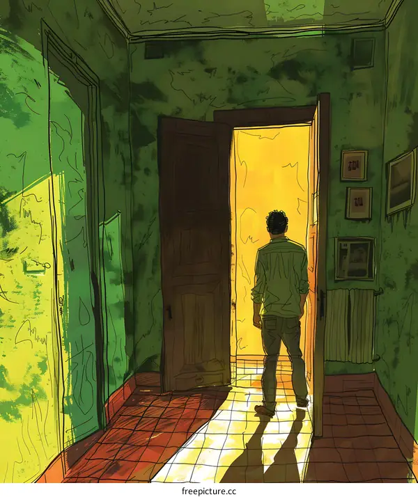 Man Standing in Green Hallway Looking at Open Door
