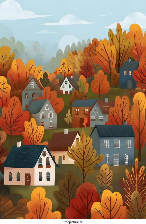 Autumn Village Illustration with Houses and Trees