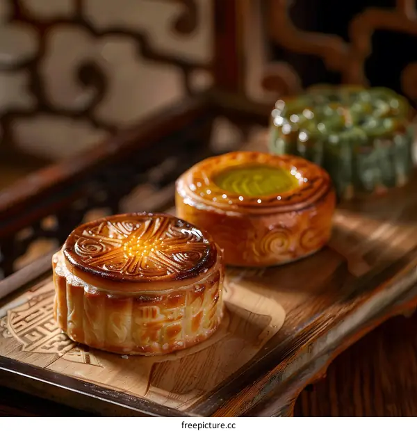 Closeup of Three Delicious Moon Cakes on Wooden Tray